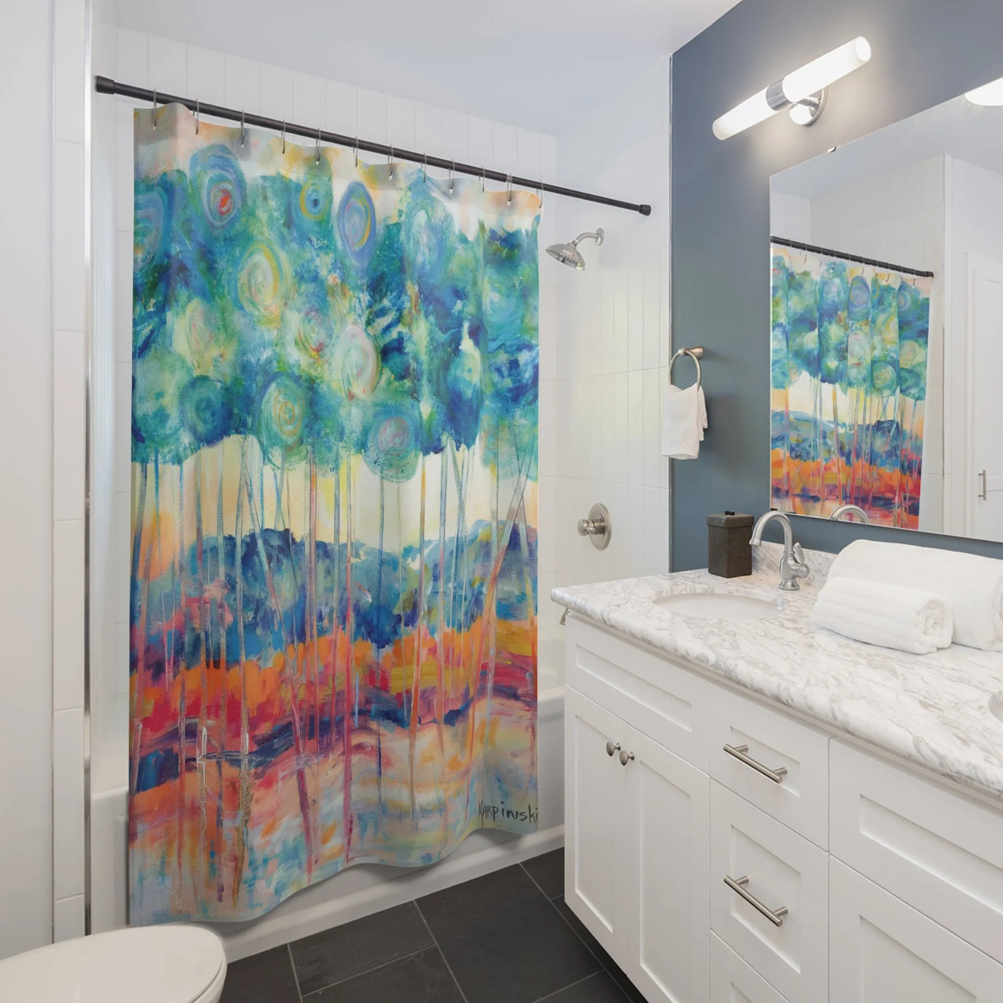 Landscape Blue Orange Tree Nature Art Shower Curtain - Canopy At Sunset by Leslie Karpinski