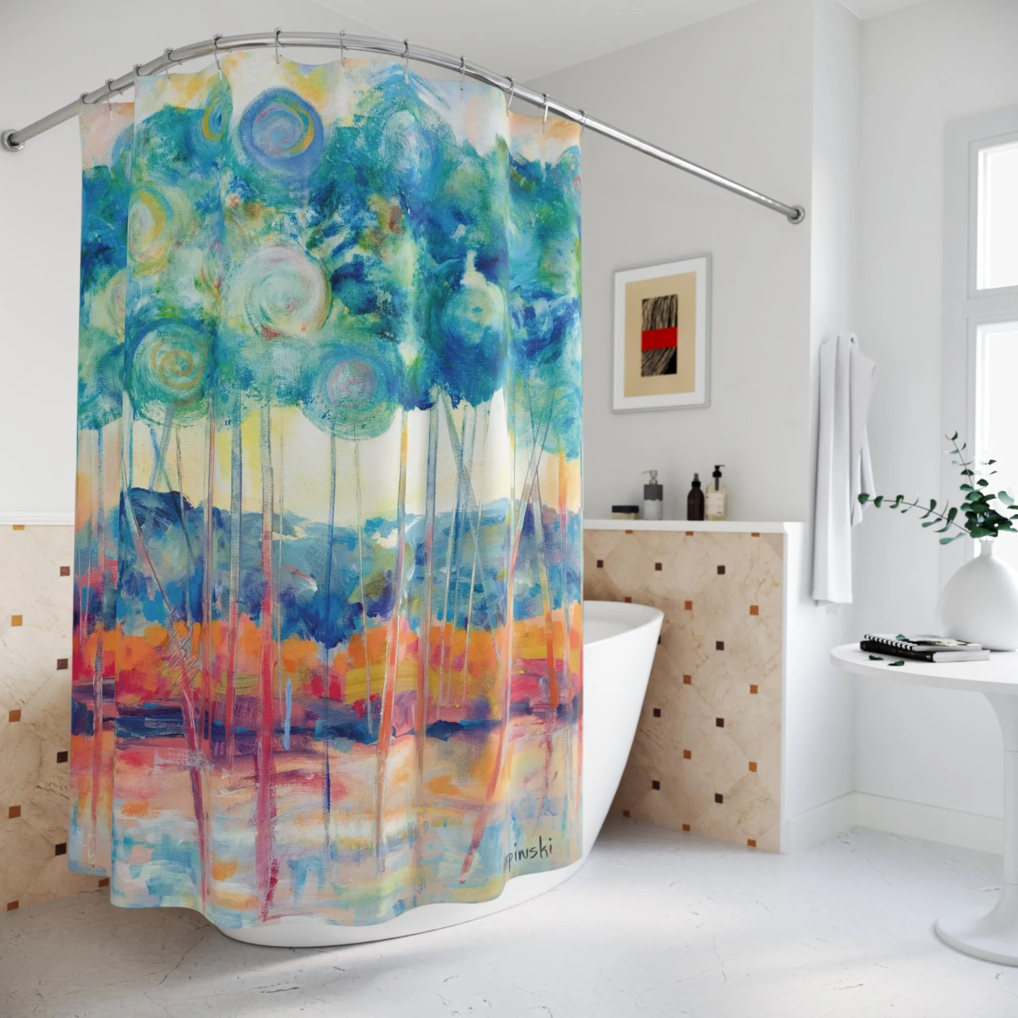Landscape Blue Orange Tree Nature Art Shower Curtain - Canopy At Sunset by Leslie Karpinski
