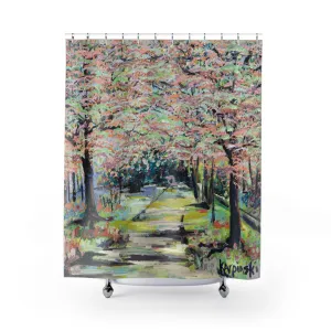 Landscape Pastel Tree Nature Art Shower Curtain - Path in Reynolda Gardens by Leslie Karpinski