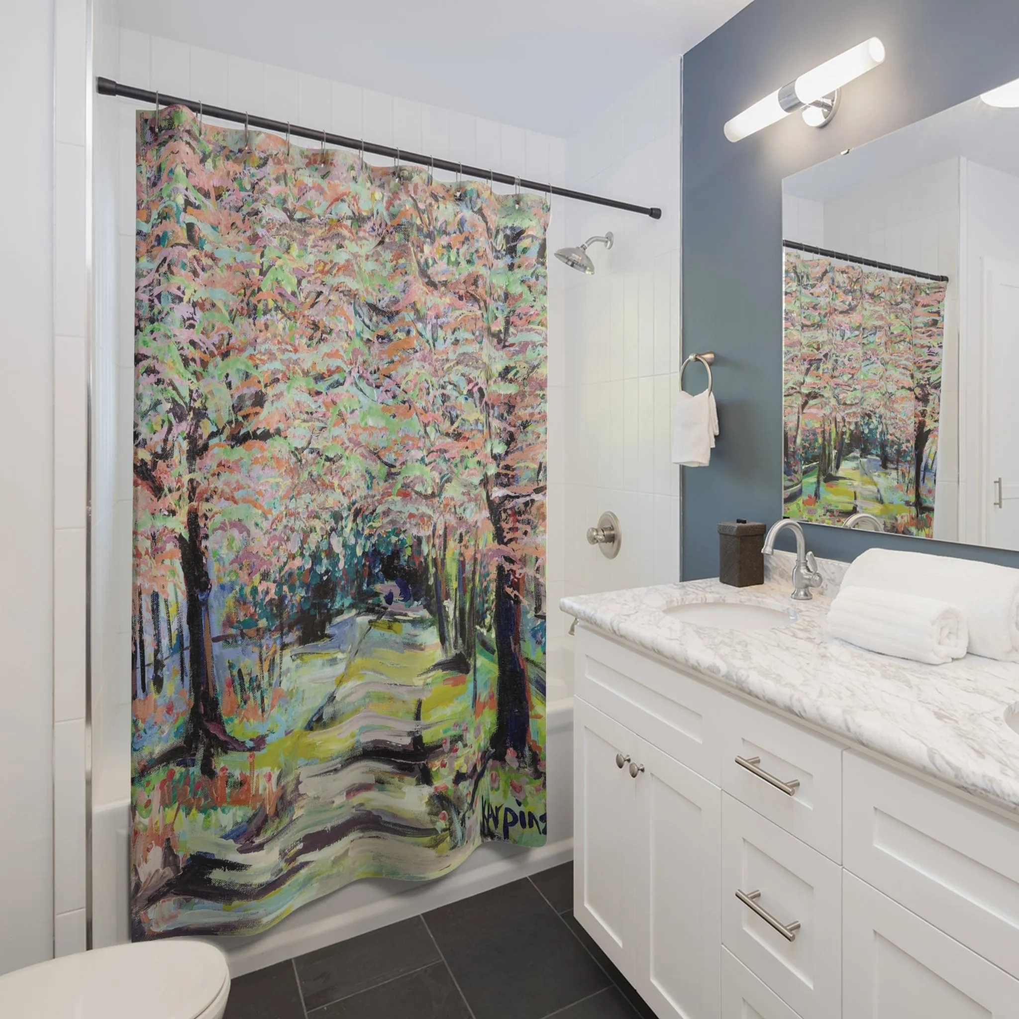 Landscape Pastel Tree Nature Art Shower Curtain - Path in Reynolda Gardens by Leslie Karpinski