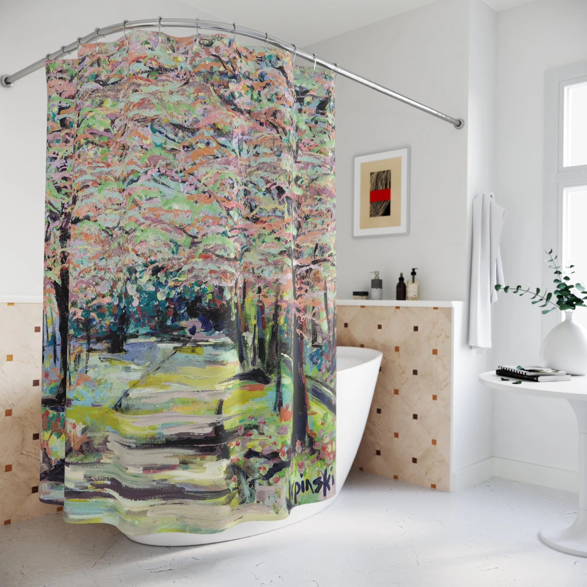 Landscape Pastel Tree Nature Art Shower Curtain - Path in Reynolda Gardens by Leslie Karpinski
