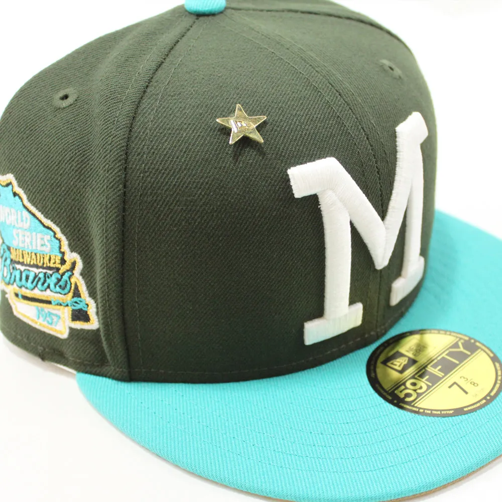 Milwaukee Braves 1957 WORLD SERIES New Era 59Fifty Fitted Hat (Menthol Pack Dark Seaweed Teal Khaki Under Brim)