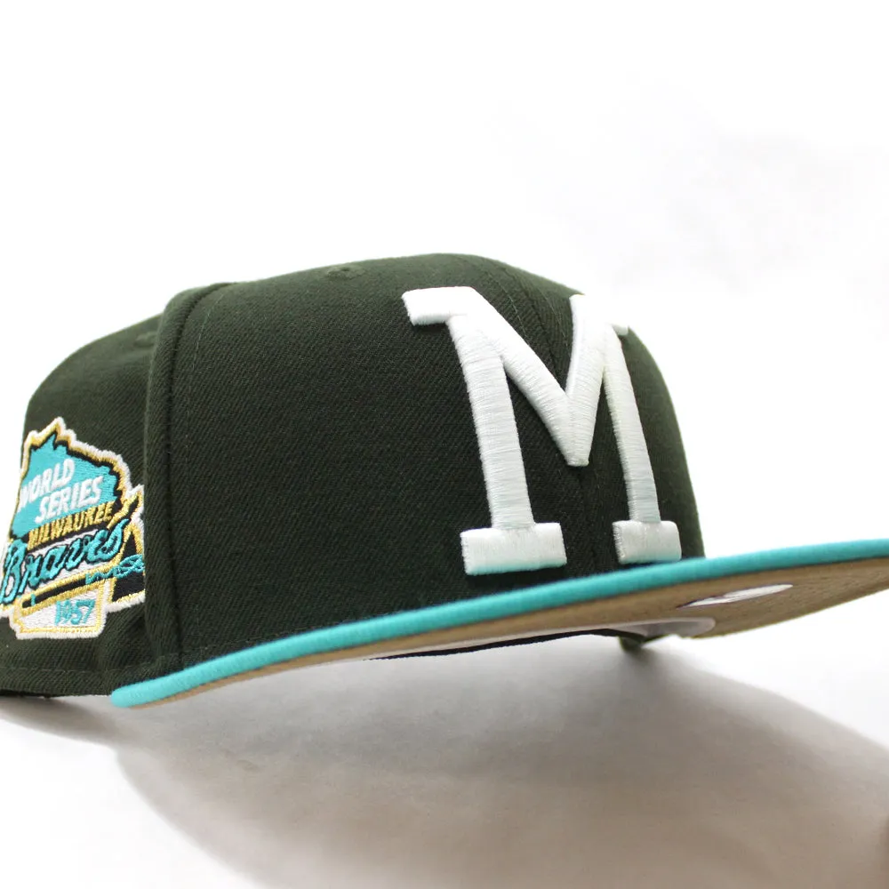 Milwaukee Braves 1957 WORLD SERIES New Era 59Fifty Fitted Hat (Menthol Pack Dark Seaweed Teal Khaki Under Brim)