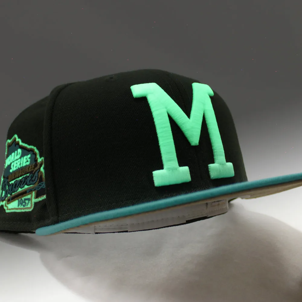 Milwaukee Braves 1957 WORLD SERIES New Era 59Fifty Fitted Hat (Menthol Pack Dark Seaweed Teal Khaki Under Brim)