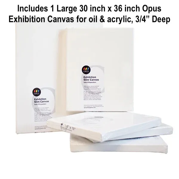New in packaging! Opus Exhibition Pre-Stretched Canvas Surfaces - Slim 30" X 36" Canvas 3/4" Deep! Basswood bars, 2 coats acrylic gesso, use with acrylic or oil