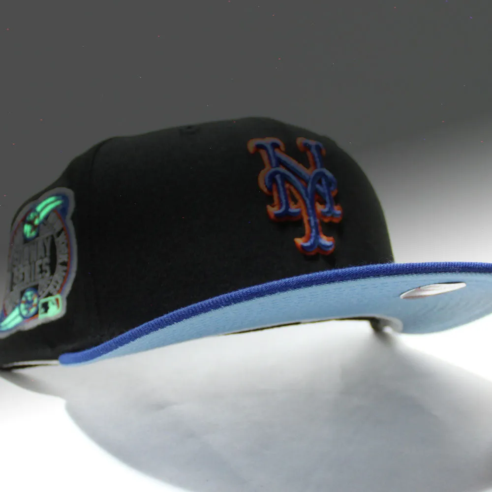 New York Mets 2000 New Era 59Fifty Fitted Hat (Glow in the Dark Black Blue Sky Blue Under Brim)