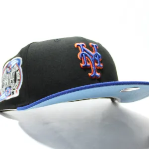 New York Mets 2000 New Era 59Fifty Fitted Hat (Glow in the Dark Black Blue Sky Blue Under Brim)