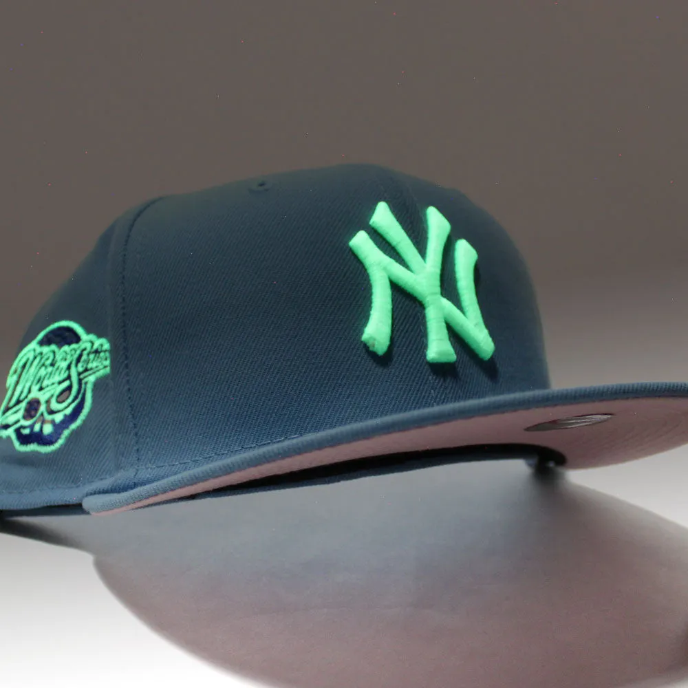New York Yankees 1998 World Series New Era 59Fifty Fitted Hat (Glow in the Dark Sky Blue Pink Under Brim)