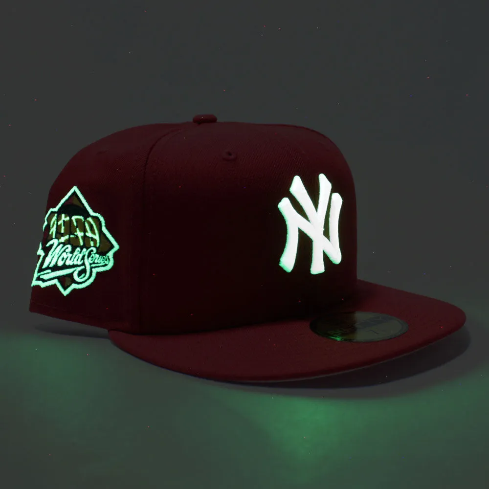 New York Yankees 1999 World Series New Era 59Fifty Fitted Hat (Glow in the Dark Logo RED Pink Under Brim)