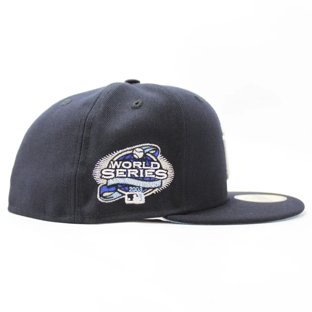 New York Yankees 2003 World Series New Era 59Fifty Fitted Hat (Glow in the Dark Navy Sky Blue Under Brim)
