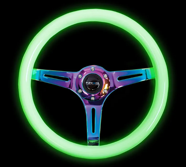 NRG ST-015MC-GL 350mm Glow in the Dark Grip 3 Neochrome Spokes Classic Wood Grain Wheel
