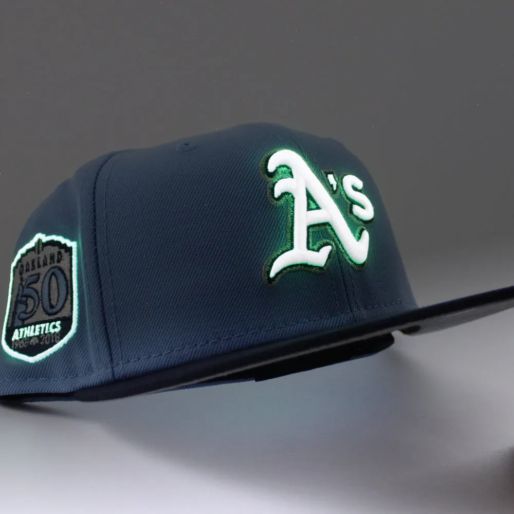 Oakland Athletics 50TH Anniversary New Era 59Fifty Fitted Hat (GITD Sky Blue Navy Gray Under Brim)