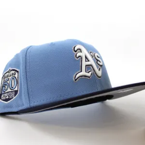 Oakland Athletics 50TH Anniversary New Era 59Fifty Fitted Hat (GITD Sky Blue Navy Gray Under Brim)
