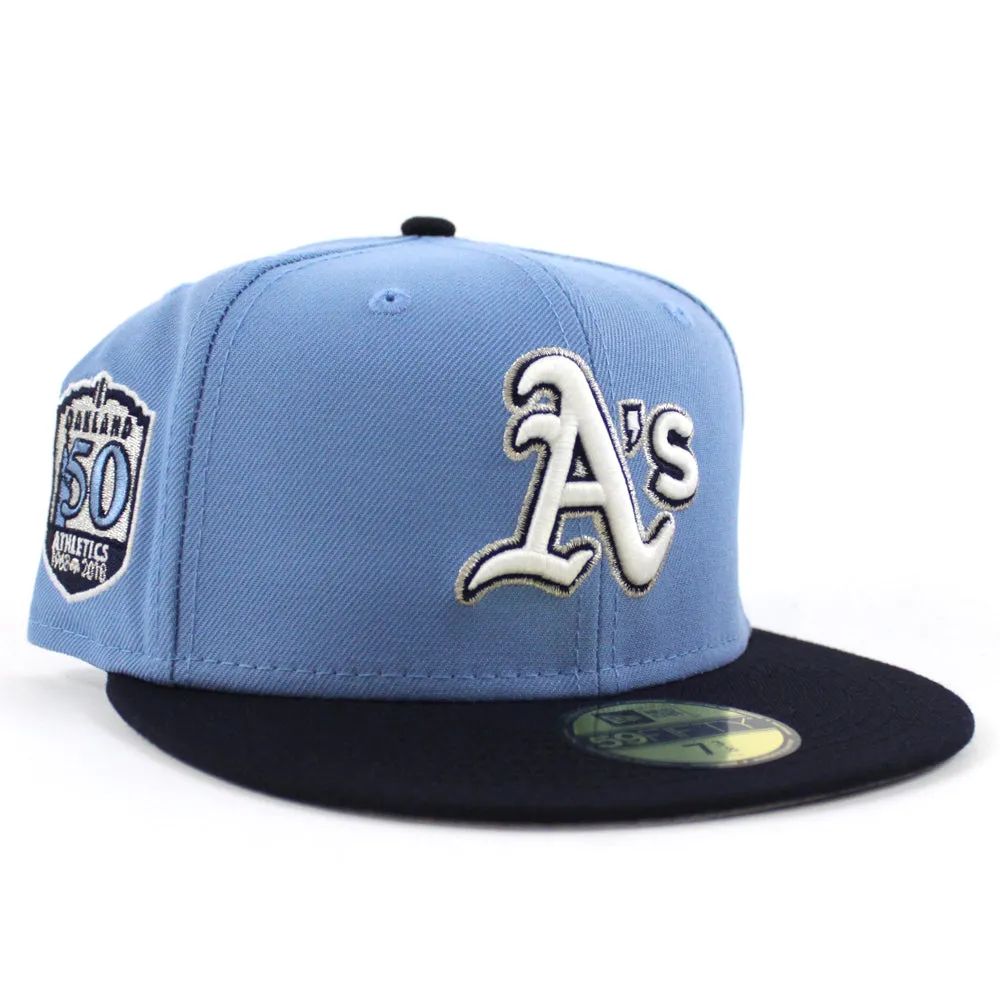 Oakland Athletics 50TH Anniversary New Era 59Fifty Fitted Hat (GITD Sky Blue Navy Gray Under Brim)