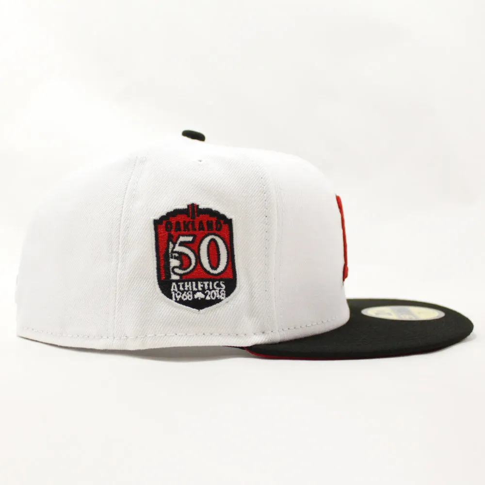Oakland Athletics 50TH ANNIVERSARY New Era 59Fifty Fitted Hat (GITD White Black Visor Red Under Brim)