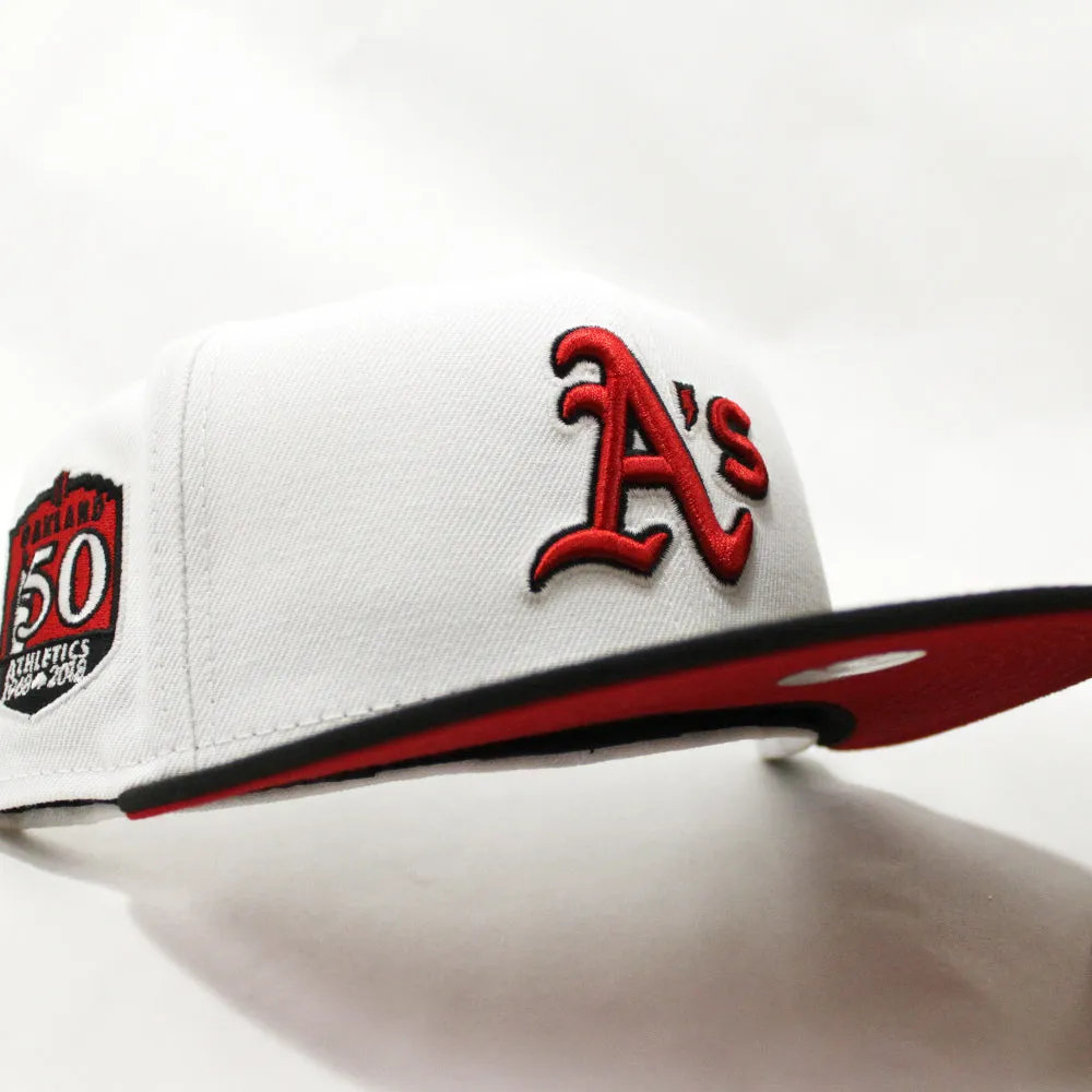 Oakland Athletics 50TH ANNIVERSARY New Era 59Fifty Fitted Hat (GITD White Black Visor Red Under Brim)