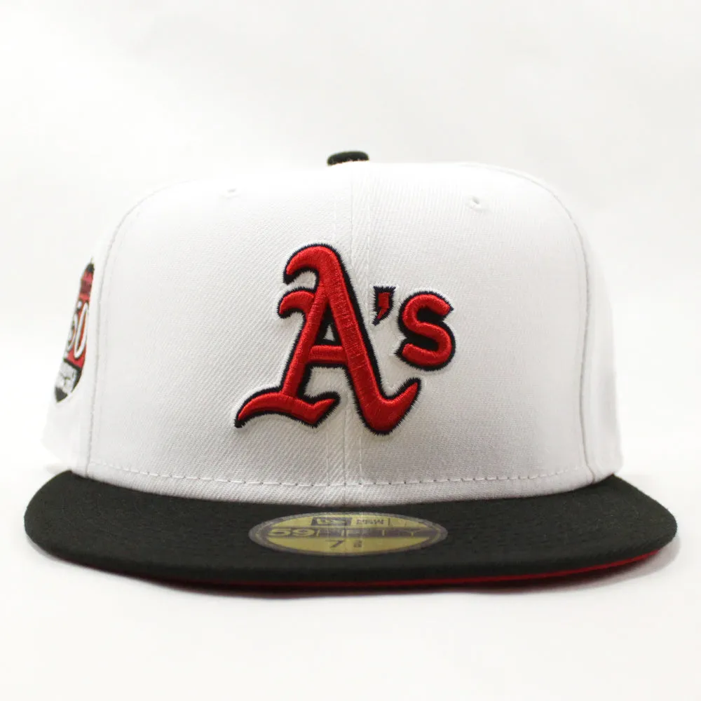 Oakland Athletics 50TH ANNIVERSARY New Era 59Fifty Fitted Hat (GITD White Black Visor Red Under Brim)