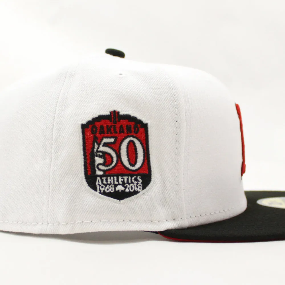 Oakland Athletics 50TH ANNIVERSARY New Era 59Fifty Fitted Hat (GITD White Black Visor Red Under Brim)