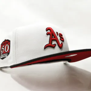 Oakland Athletics 50TH ANNIVERSARY New Era 59Fifty Fitted Hat (GITD White Black Visor Red Under Brim)