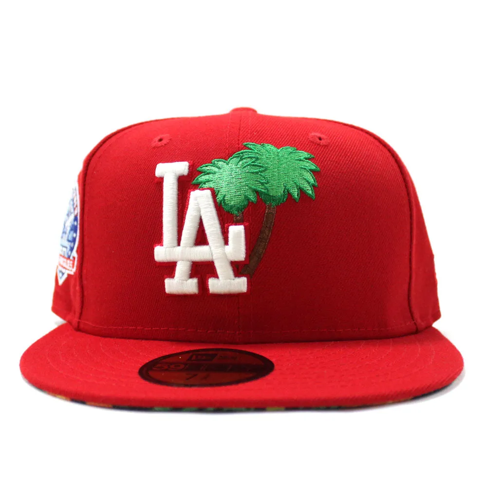 Palm Tree Los Angeles Dodgers 50TH Anniversary New Era 59Fifty Fitted Hat (Glow in the Dark Logo Red Floral Under Brim)