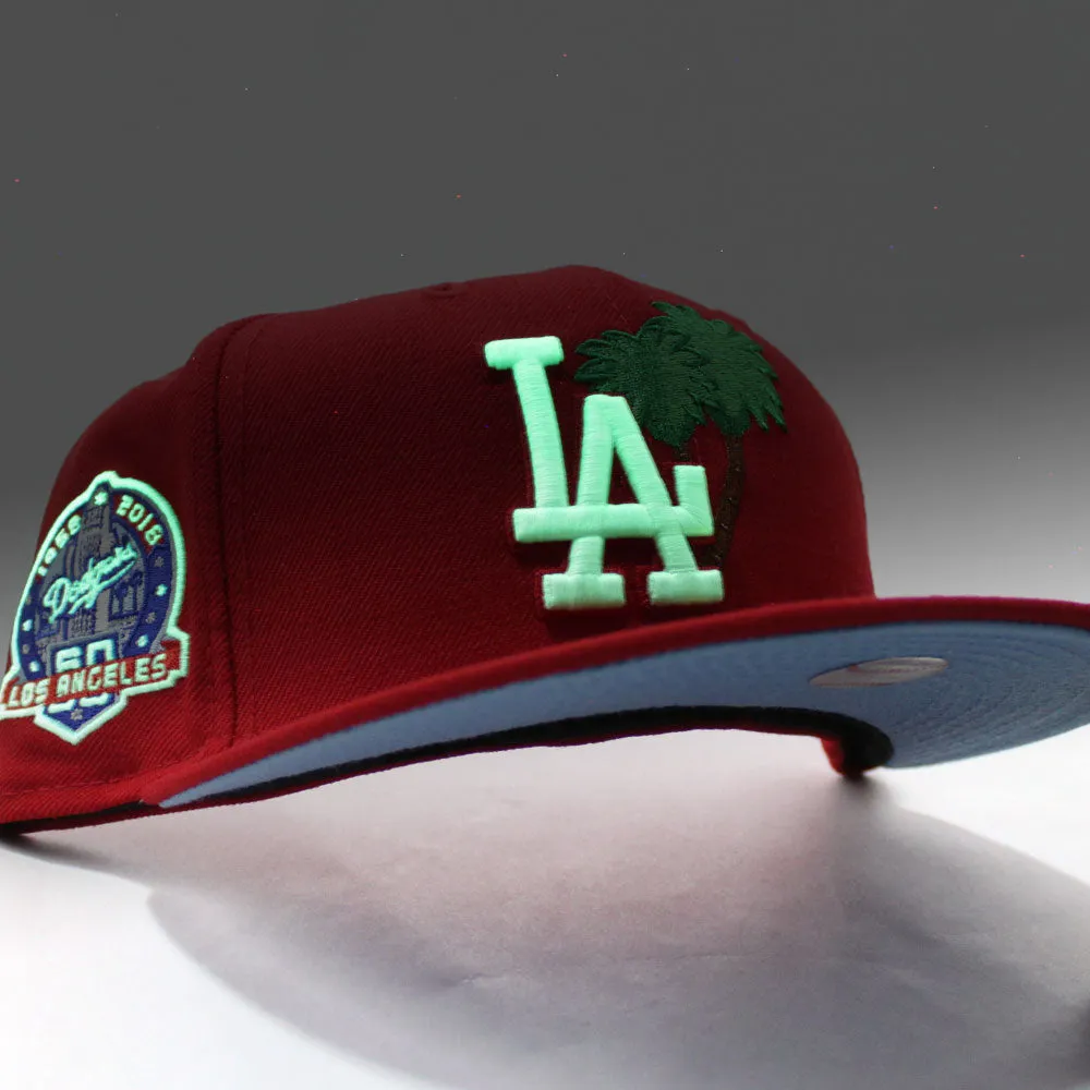Palm Tree Los Angeles Dodgers 60th Anniversary New Era 59Fifty Fitted Hat (Glow in the Dark Red Sky Blue Under Brim)
