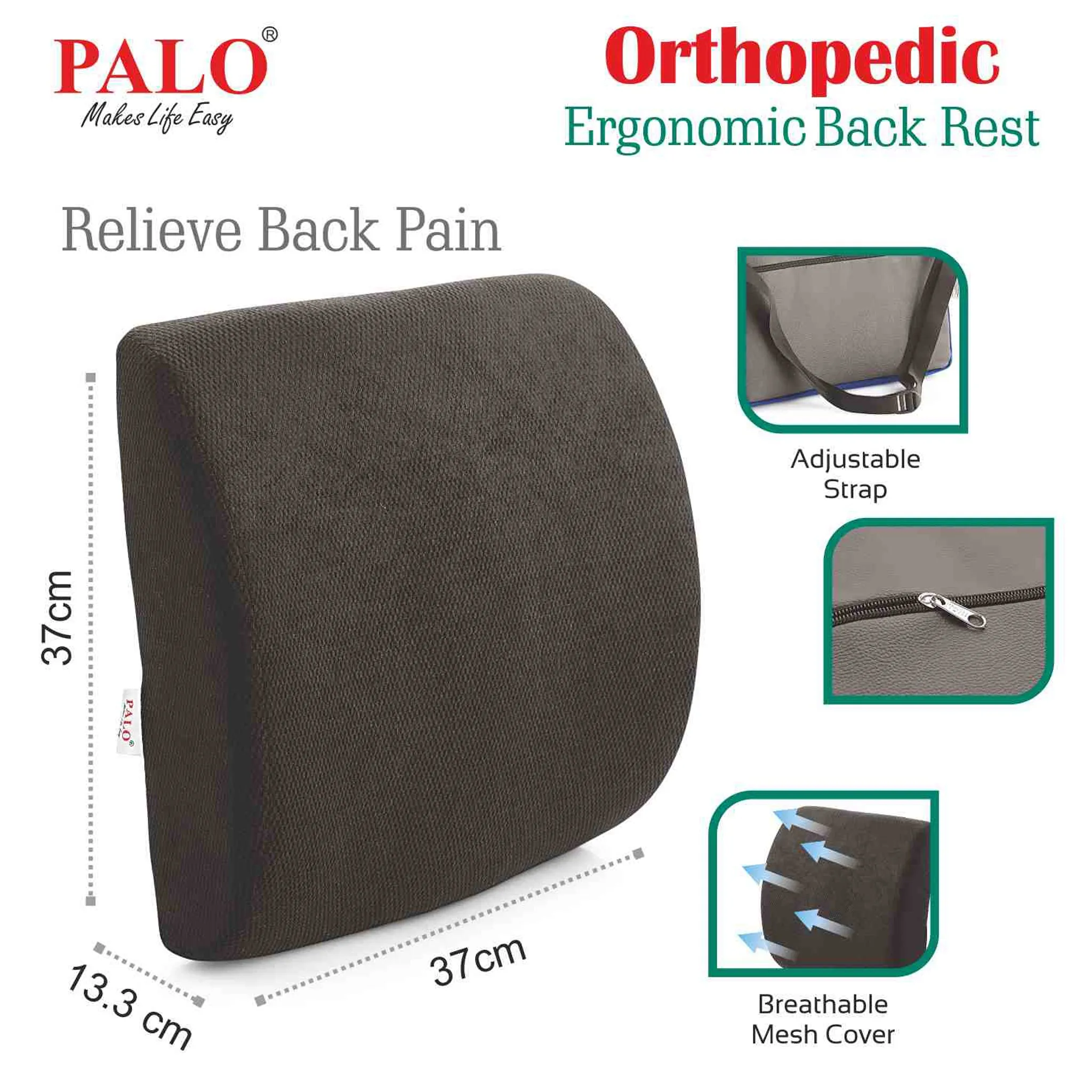 Palo Premium Backrest with Memory Foam, Ergonomic, Black
