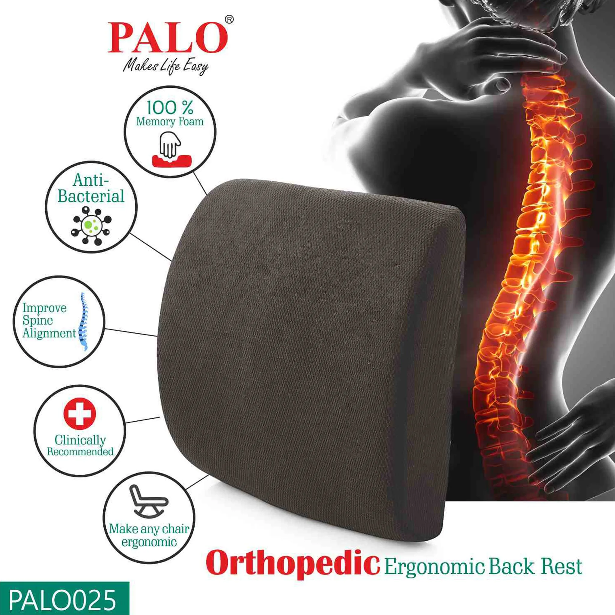 Palo Premium Backrest with Memory Foam, Ergonomic, Black