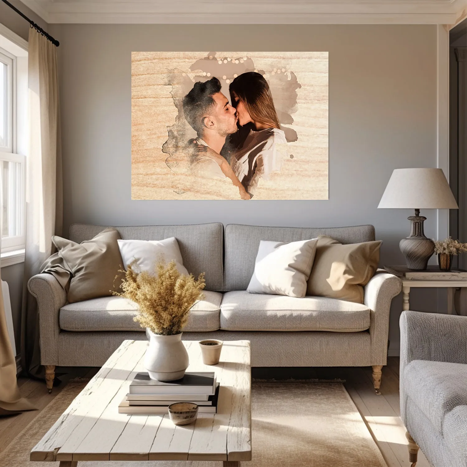 Personalized Couple Portrait Photo as Anniversary Gift, Custom Photo on Canvas, Engraved Photo on Canvas with Watercolor Style, Custom Wall Art 02