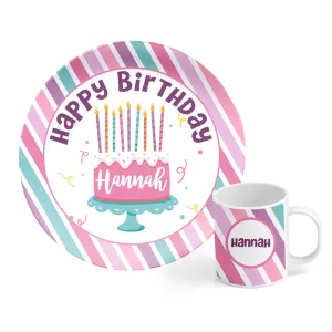 Personalized Girls Happy Birthday Cake Plate and Mug