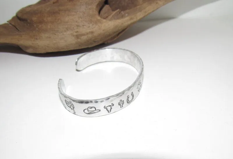 Pewter Western theme Personalized Adjustable stamped cuff bracelet, inspiration cuff, adjustable cuff stamped jewelry, boho cuff