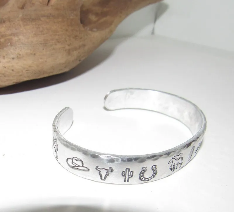 Pewter Western theme Personalized Adjustable stamped cuff bracelet, inspiration cuff, adjustable cuff stamped jewelry, boho cuff