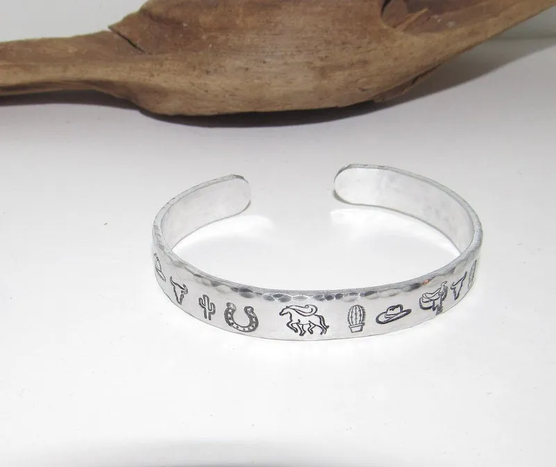Pewter Western theme Personalized Adjustable stamped cuff bracelet, inspiration cuff, adjustable cuff stamped jewelry, boho cuff