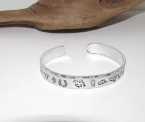Pewter Western theme Personalized Adjustable stamped cuff bracelet, inspiration cuff, adjustable cuff stamped jewelry, boho cuff