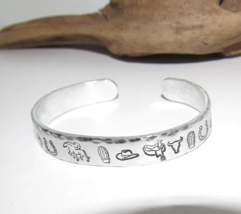 Pewter Western theme Personalized Adjustable stamped cuff bracelet, inspiration cuff, adjustable cuff stamped jewelry, boho cuff