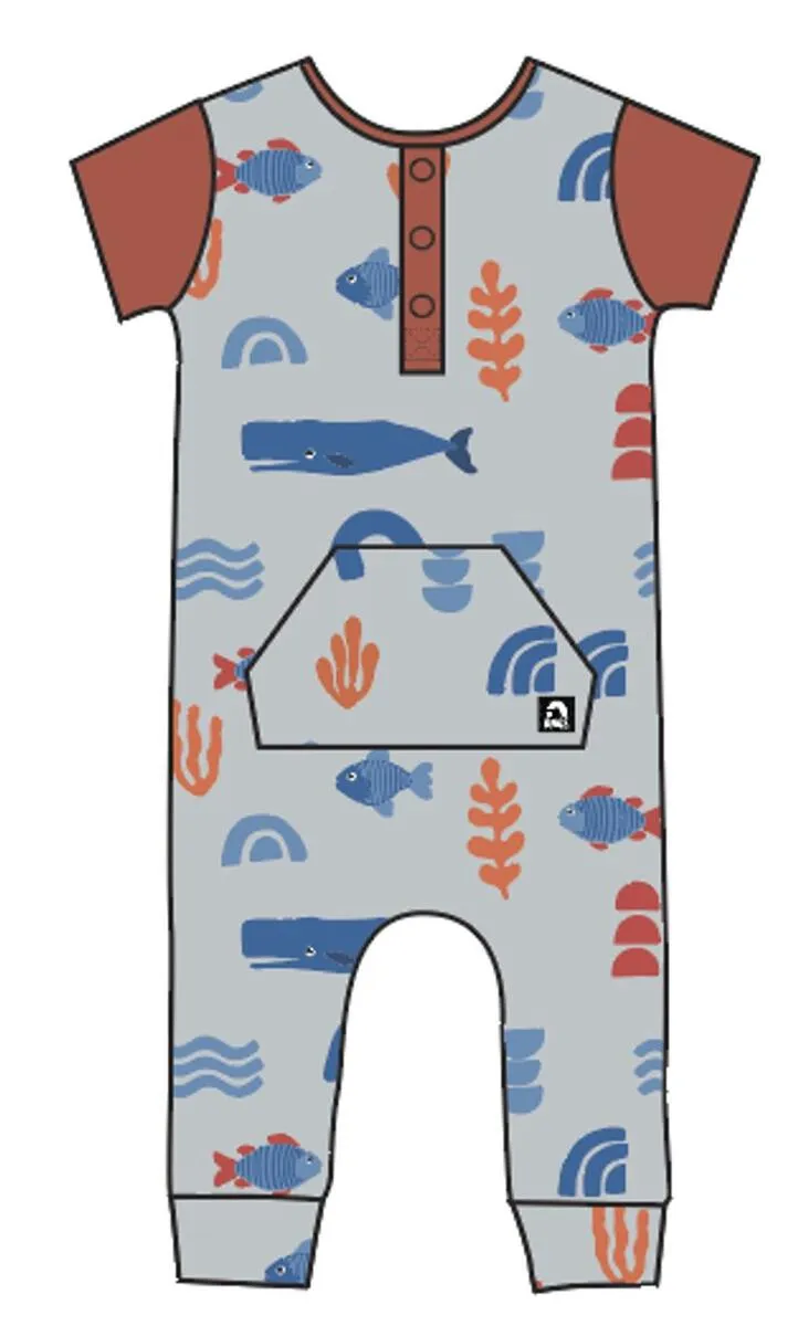 RAGS Retro Short Sleeve Henley Kangaroo Pocket Rag Romper - Abstract Ocean