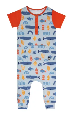 RAGS Retro Short Sleeve Henley Kangaroo Pocket Rag Romper - Abstract Ocean