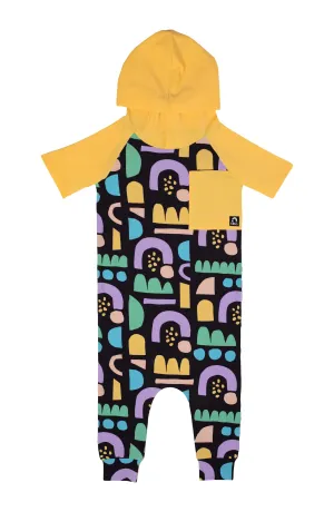 Rags Short Raglan Sleeve Hooded Rag Romper in Black Abstract Rainbows