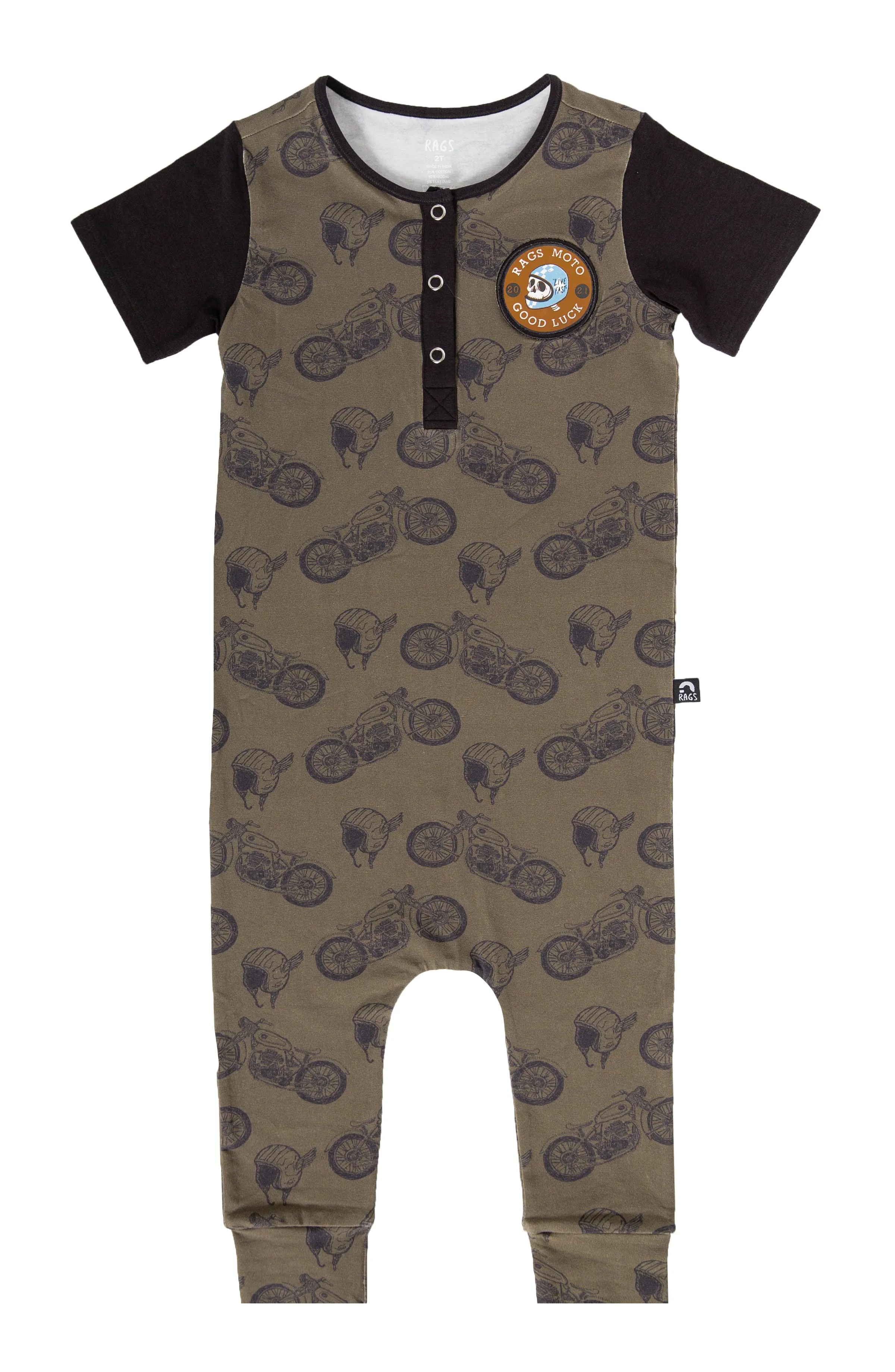 RAGS S/S Henley Rag Romper - Moto Patch