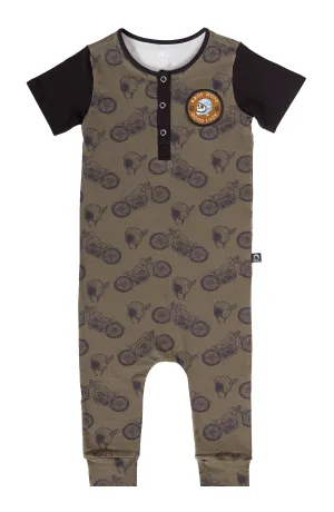 RAGS S/S Henley Rag Romper - Moto Patch