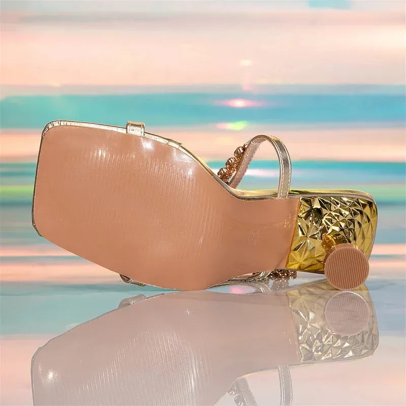 Ravina - Gold Chain Strap Square Toe Sandals