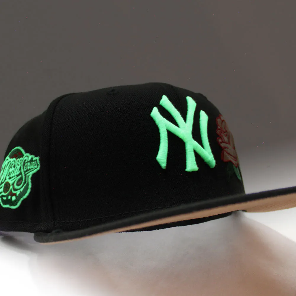 Rose New York Yankees 1998 World Series New Era 59Fifty Fitted Hat (Glow in the Dark Black Peach Under Brim)