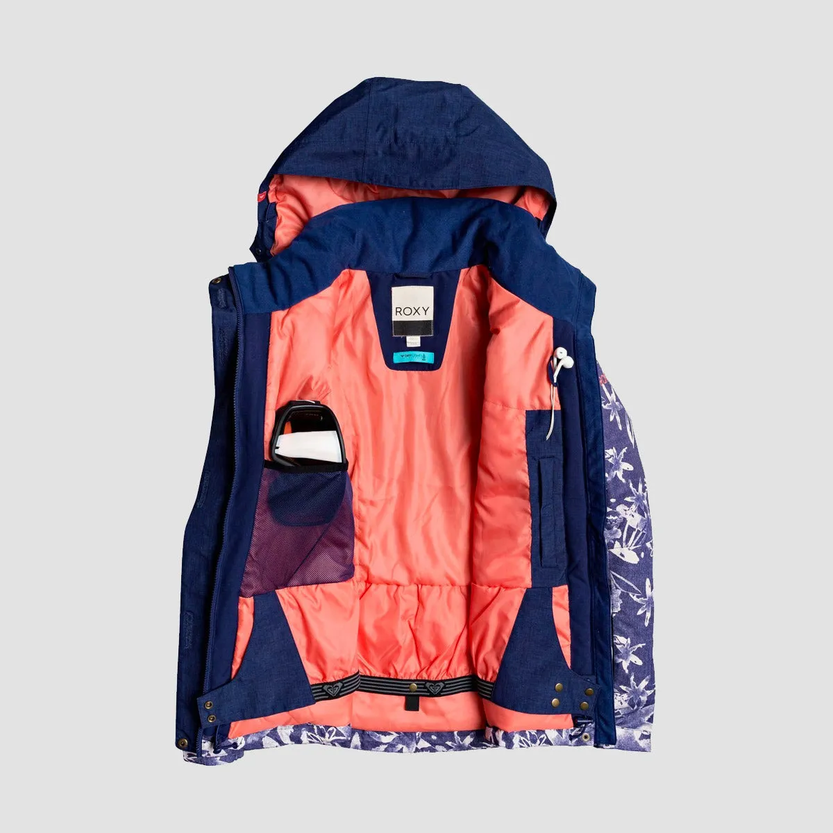 Roxy Jetty Block Snow Jacket Mid Denim Bleached Flowers - Womens