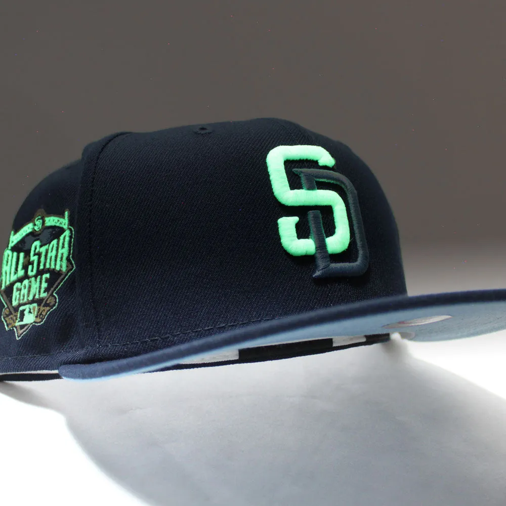San Diego Padres 2016 All Star Game New Era Fitted 59Fifty Hat (Glow in the Dark Navy Sky Blue Under Brim)