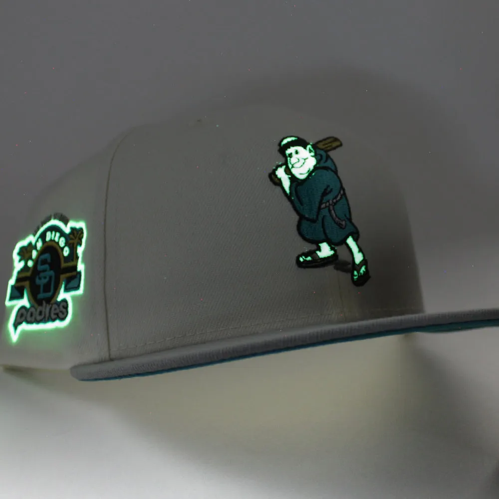 San Diego Padres STADIUM New Era 59Fifty Fitted Hat (Glow in the Dark Chrome White Misty Morning Aqua Under Brim)