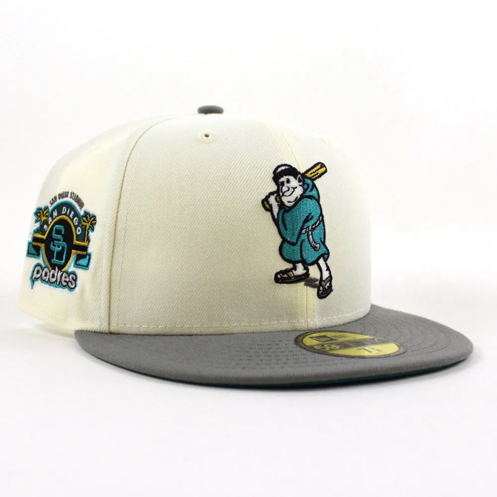 San Diego Padres STADIUM New Era 59Fifty Fitted Hat (Glow in the Dark Chrome White Misty Morning Aqua Under Brim)