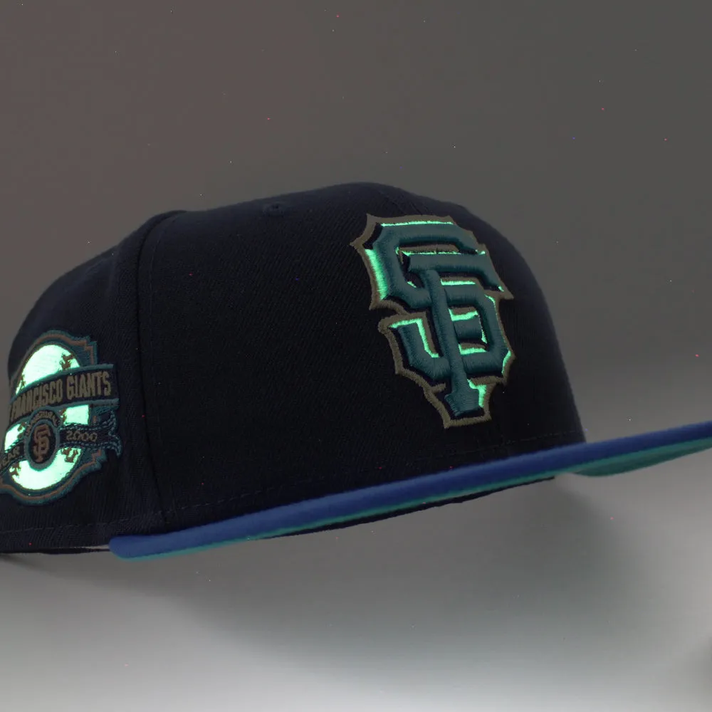San Francisco Giants INAUGURAL YEAR 2000 New Era 59Fifty Fitted Hat (Glow in the Dark NAVY BLUE AZURE TEAL BREEZE Under Brim)