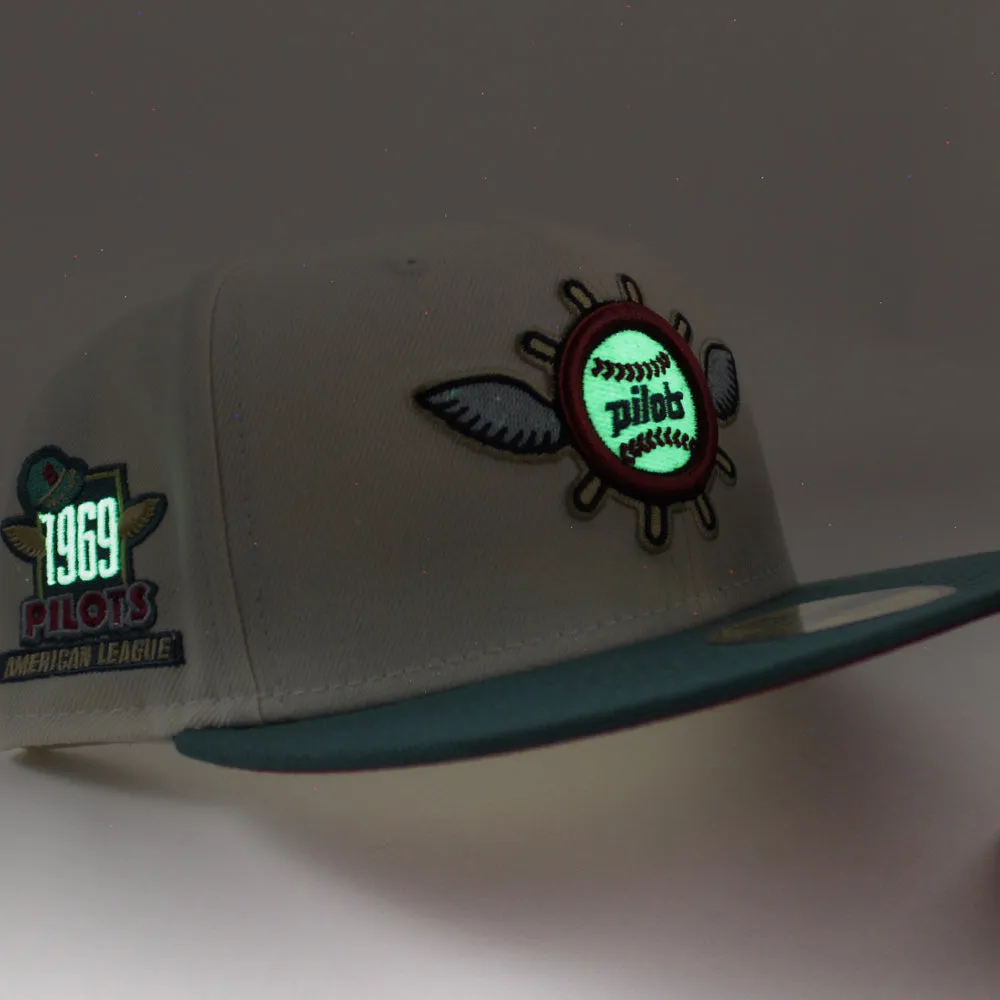 Seattle Pilots 1969 Pilots New Era Fitted 59Fifty Hat (Glow in the Dark CHROME WHITE PINE NEEDLE GREEN PINOT RED Under brim)