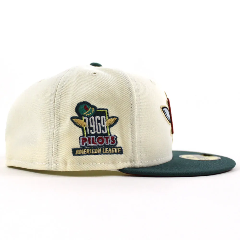Seattle Pilots 1969 Pilots New Era Fitted 59Fifty Hat (Glow in the Dark CHROME WHITE PINE NEEDLE GREEN PINOT RED Under brim)