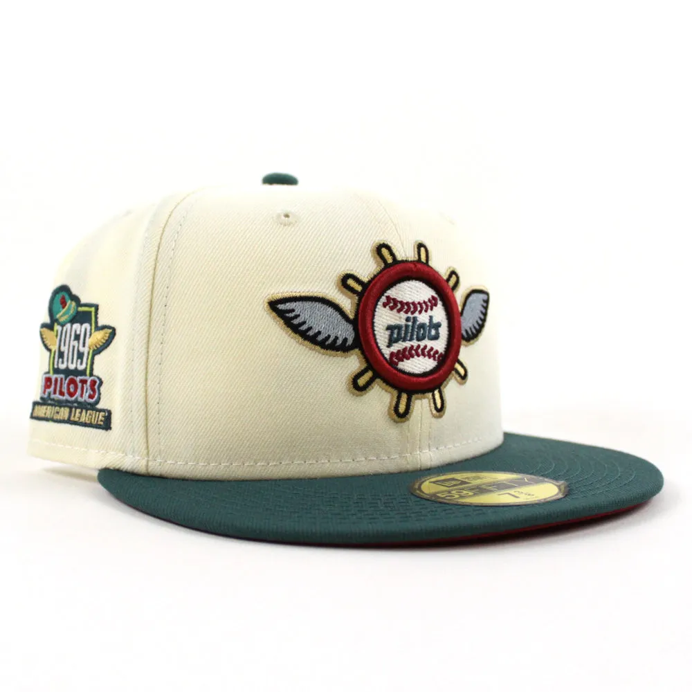 Seattle Pilots 1969 Pilots New Era Fitted 59Fifty Hat (Glow in the Dark CHROME WHITE PINE NEEDLE GREEN PINOT RED Under brim)