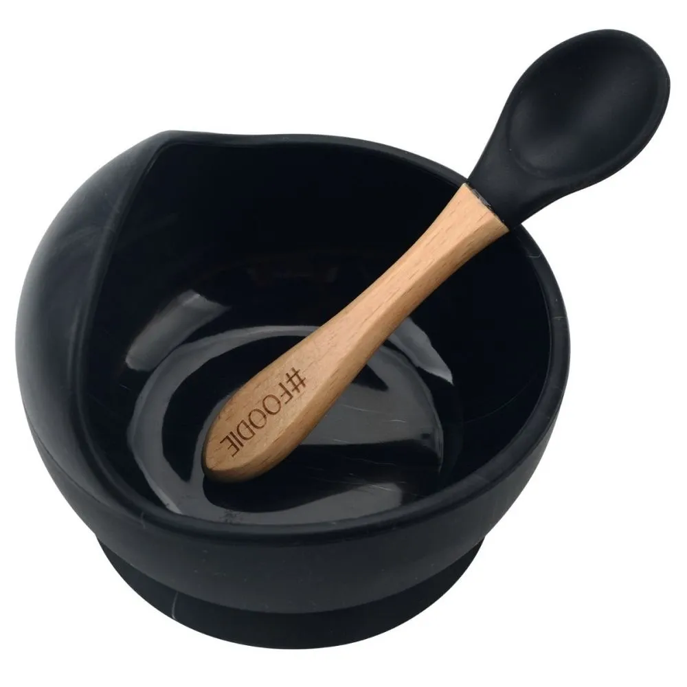 Silicone Bowl   Spoon - Black Marble